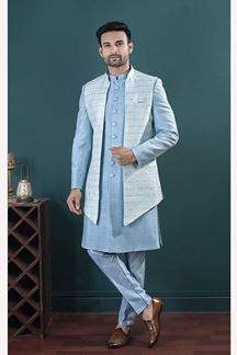 Picture of  Appealing Sky Blue Designer Men’s Indo-Western Sets for Engagement and Reception