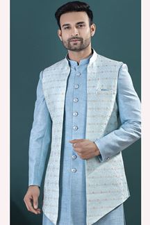 Picture of  Appealing Sky Blue Designer Men’s Indo-Western Sets for Engagement and Reception