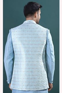 Picture of  Appealing Sky Blue Designer Men’s Indo-Western Sets for Engagement and Reception