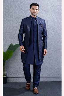 Picture of  Awesome Navy Blue Designer Men’s Indo-Western Sets for Wedding and Reception