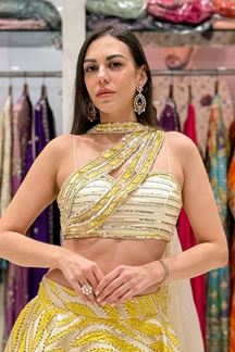 Picture of  Magnificent Jacquard Designer Indo-Western Lehenga Choli for Engagement, Reception, and Haldi