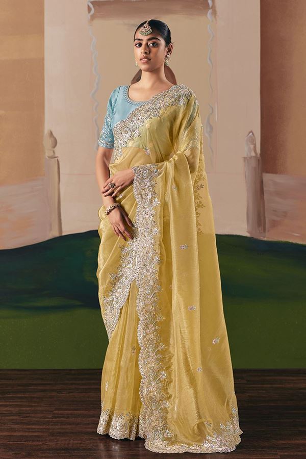Picture of  Classy Premium Fancy Silk Designer Saree for Haldi, Sangeet, and Parties