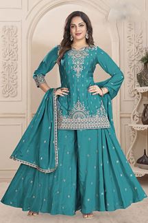 Picture of  Vibrant Sky Blue Designer Palazzo Suit for Wedding and Reception