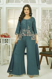 Picture of  Amazing Teal Blue Designer Palazzo Suit for Engagement and Reception