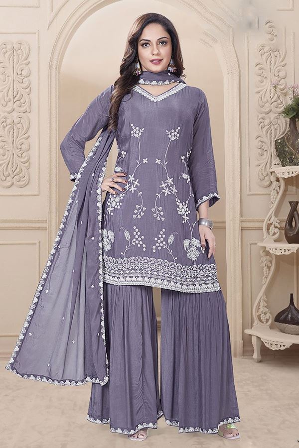 Picture of  Enticing Grey Designer Gharara Suit for Engagement and Reception