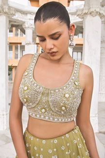 Picture of  Captivating Silk Designer Indo-Western Lehenga Choli for Mehendi, Engagement, and Reception