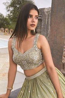 Picture of  Fascinating Silk Designer Indo-Western Lehenga Choli for Mehendi, Engagement, and Reception