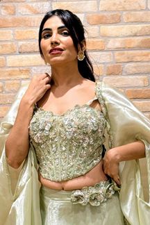 Picture of  Spectacular Sea Green Designer Indo-Western Lehenga Choli for Engagement and Reception